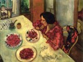 テーブルにいるイチゴのベラとアイダ 現代マルク・シャガール